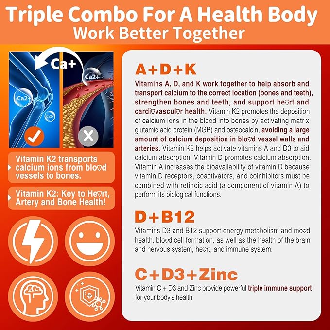 Sugar-Free ADK+Vitamin B12 Gummies - Vitamin D3 K2 10000IU/ 5000IU B12 5000mcg 2500mcg K2 (MK-7) 240mcg Multivitamin Adults-Vitamin AVegan Vitamin DMethyl B12CZinc-EyeBoneEnergyNerveImmune
