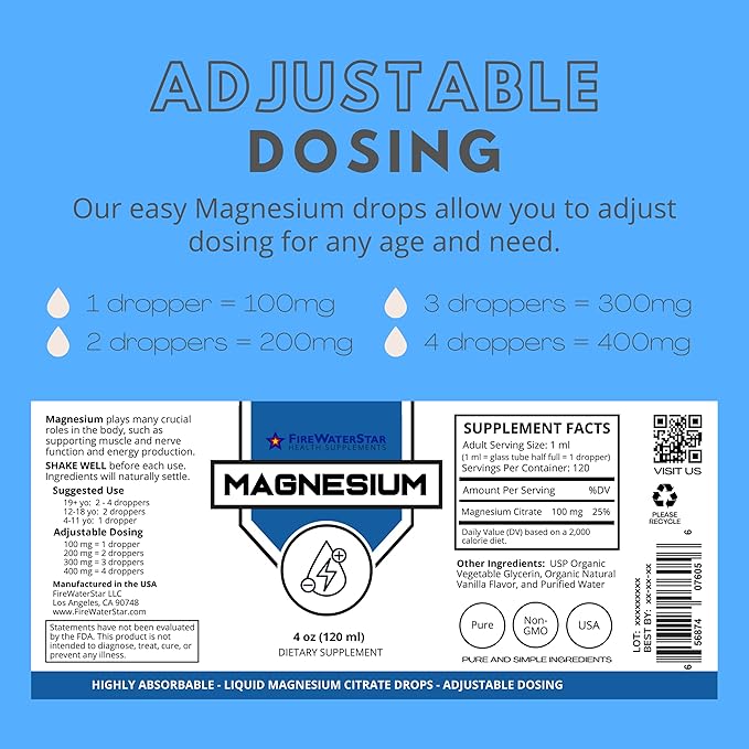 FWS Magnesium Citrate Liquid Drops for Adults and Kids Pure Magnesium Citrate Organic Non-GMO Vegan Supports Sleep Calm Energy Muscles Nerves Easy Adjustable Dosing 4 Month Supply 4 oz