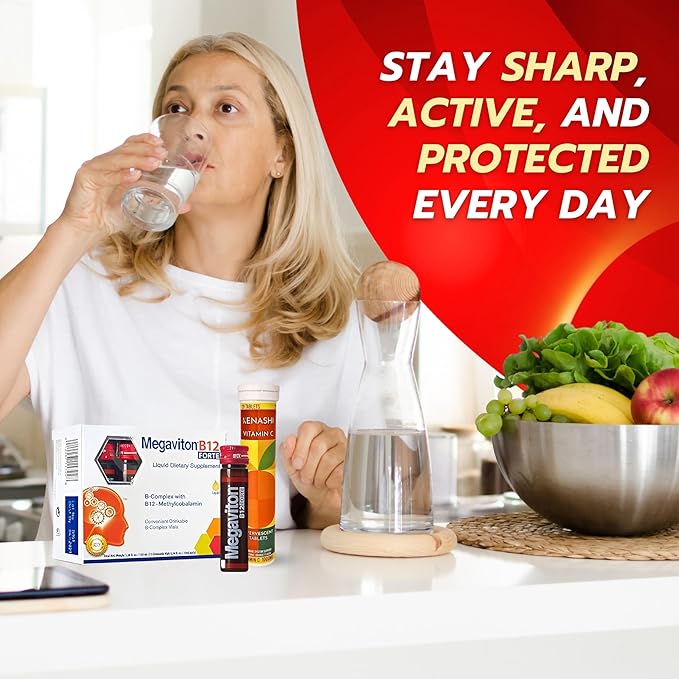 Vitamin B12 Methylcobalamin Liquid Forte 10 Drinkable Vials + Kenashi Vitamin C Effervescent Tablets with Zinc 1000mg Orange Flavor | Vitamin B12 Liquid Energy Boost
