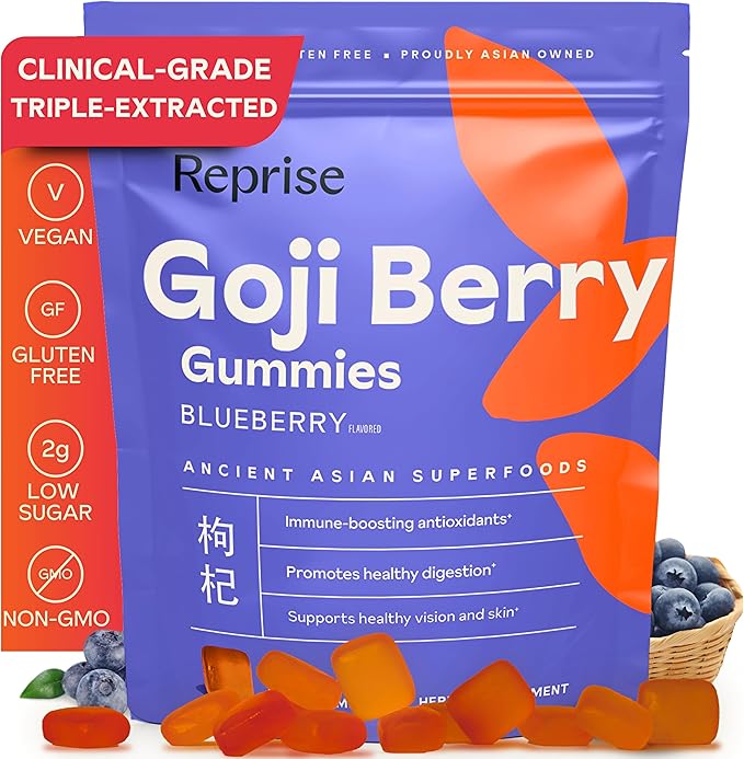 Reprise Goji Berry Superfood Gummies - All-Natural Antioxidant Digestion 240 mg Full-Potency Low-Sugar Vegan 45 Blueberry Flavored Gummies (Pack of 1)