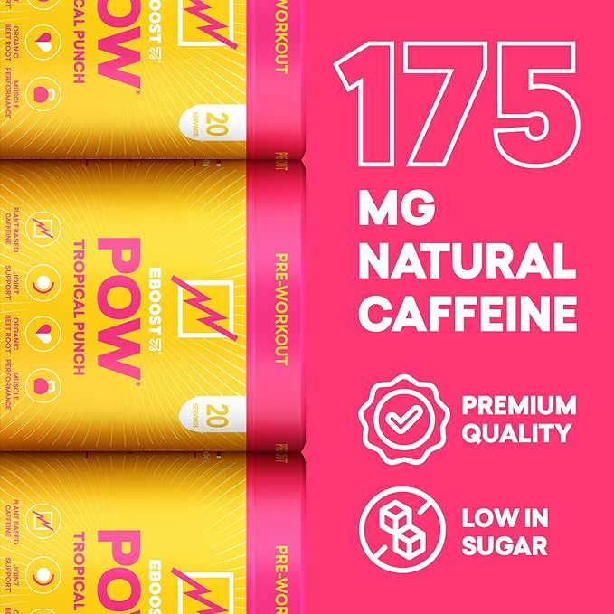 EBOOST POW Natural Pre Workout Powder – 20 Servings - Tropical Punch - A Pre Workout Supplement for Performance Joint Mobility Support Energy Focus - Men &amp Women - Non-GMO Gluten-Free No Crea