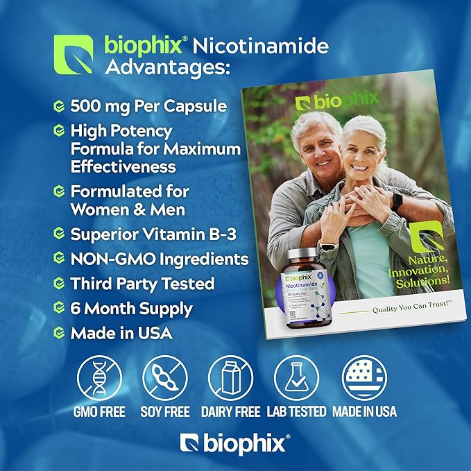 biophix B-3 Nicotinamide 500 mg 180 Vcaps Plus Free Vitamin D-3 5000 IU 30 Softgels - Nicotinic Amide Niacin Natural Flush-Free Vitamin Formula - Supports Skin Cell Health