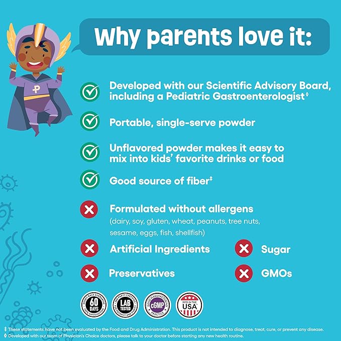 Physician's Choice Kids Probiotic + Prebiotic Fiber Packets (Ages 1+) - Supports Regularity Occasional Constipation &amp A Healthy Digestive System - No Allergens or Preservatives - Unflavored - 24