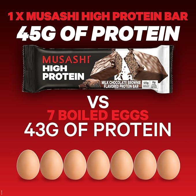 MUSASHI High Protein Bar 45g Protein 2g Total Sugars Milk Chocolate Brownie Post Workout and Protein Snack On The Go 12 Pack of 3.2oz (90g) Bars