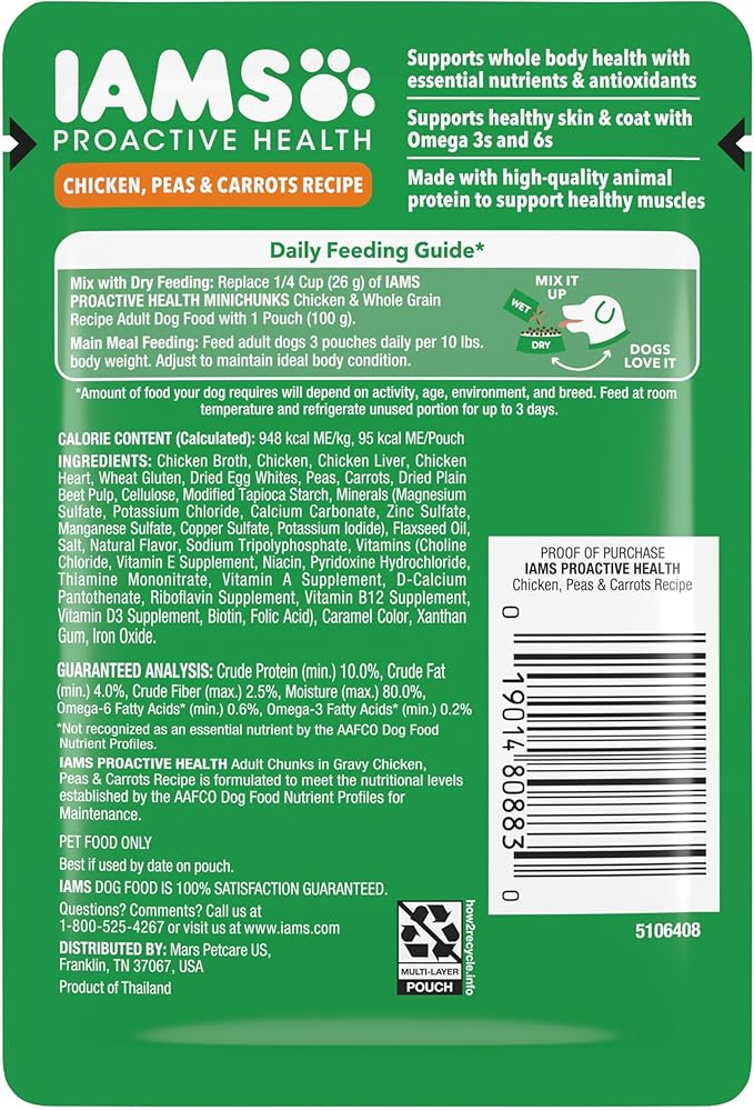 IAMS Proactive Health Adult Wet Dog Food Chicken Peas and Carrots Recipe 3.5 oz. Pouch (16 Count Pack of 1)