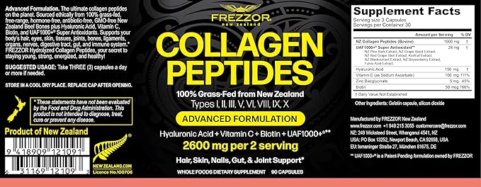 FREZZOR Collagen Peptides with UAF1000+ 100% Grass-Fed New Zealand Cattle Source Hydrolyzed Joint Skin Hair &amp Nail Support Amino Acids Anti-Aging 360 Capsules 4 Bottles