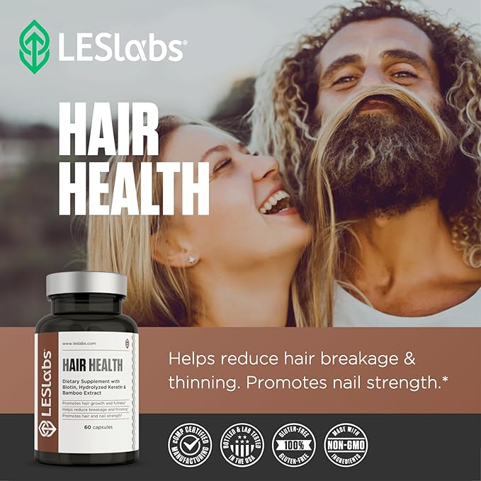 LES Labs Hair Health – Hair Growth &amp Nails Supplement Improved Thickness Strength &amp Fullness – Keratin Biotin Pumpkin Seed &amp MSM – 60 Capsules (Pack of 3)