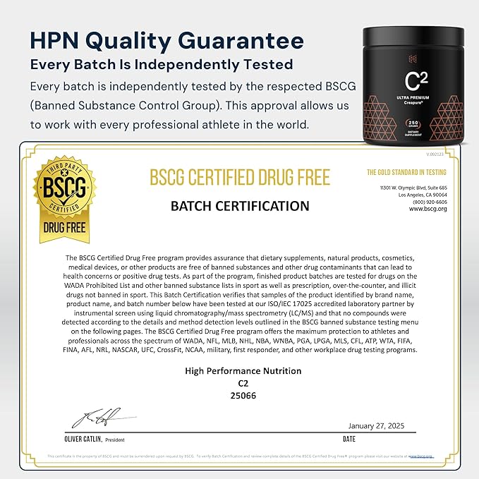 HPN C2 Creatine Monohydrate for Performance Recovery Strength Working Out Vegan Non-GMO Dairy and Soy Free Independently Tested Ultrapure Premium Creapure (100 Servings)