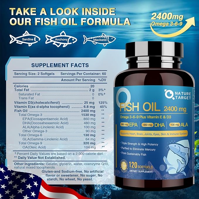 NATURE TARGET Bone &amp Heart Synergy Bundle — Vitamin D3 K2 + Triple Omega 3-6-9 Fish Oil with Calcium &amp Magnesium &amp Vitamin E Complete Daily Support for Bones Heart Brain &amp Immune He