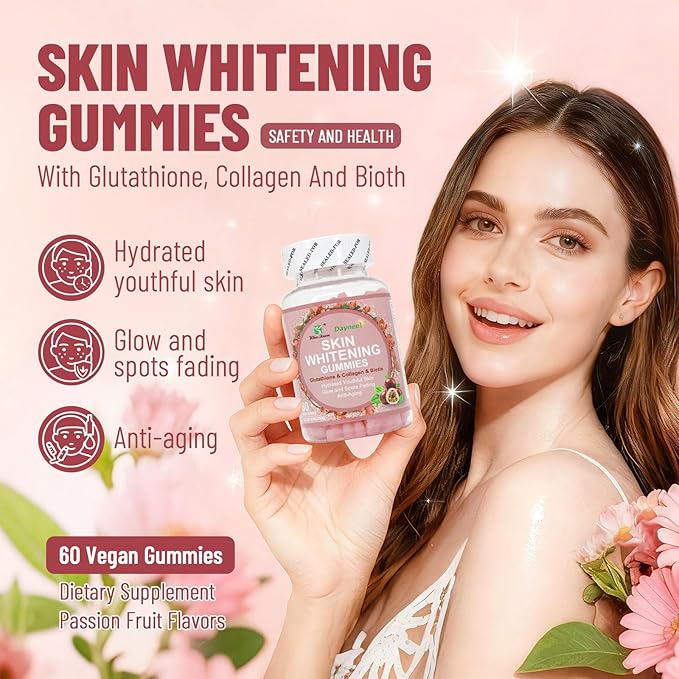 Skin Whitening Gummies with Glutathione Collagen and Bioth Hydrated Youthful Skin Glow and Spots Fading Anti-Aging 60 Count