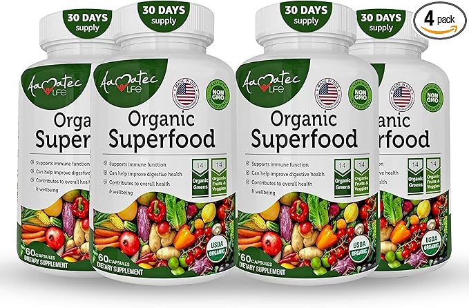 Organic Superfood Greens Fruits and Veggies Complex - Best Dietary Supplement with 14 Greens and 14 Fruits &amp Vegetables with Alfalfa &amp Antioxidant Organic Ingredients Non-GMO 240 Capsules