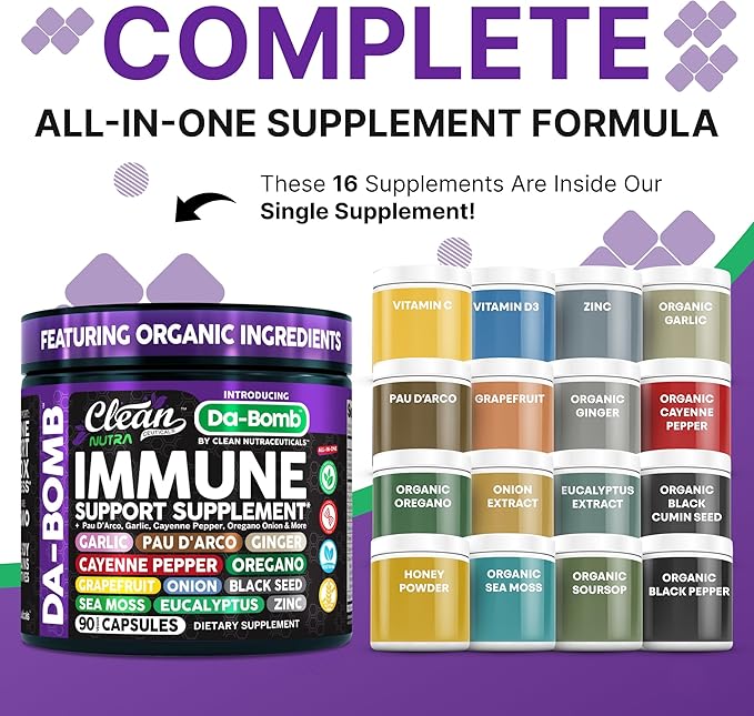 Organic Immune Support with PAU D'Arco Garlic Cayenne Pepper Oregano Ginger Grapefruit Onion Black Seed Sea Moss Black Pepper Zinc Eucalyptus Vitamin C Vitamin D Organic Soursop by Clean Nutra