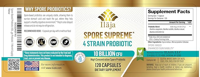 Spore Supreme Spore Based Probiotic 120 Capsule x 10 Billion / 4 Strain Formula - 4 Month Supply - No Refrigeration Needed Acid Resistant Strains Dairy Free