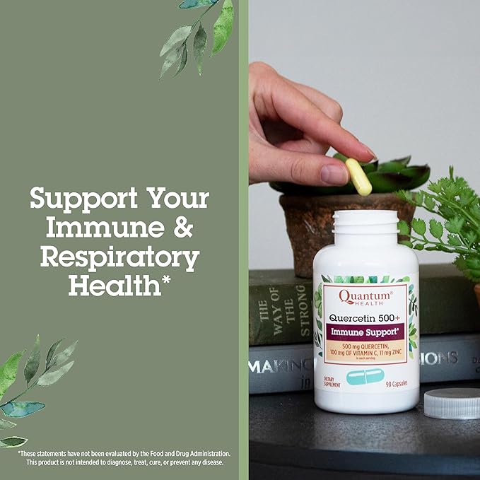 Quantum Health Quercetin 500+ Powerful Immune Support Supplement with Zinc 11 mg &amp Vitamin C 100 mg - Seasonal Immunity Boost Respiratory Health &amp Gut Support Complex for Women &amp Men - 90