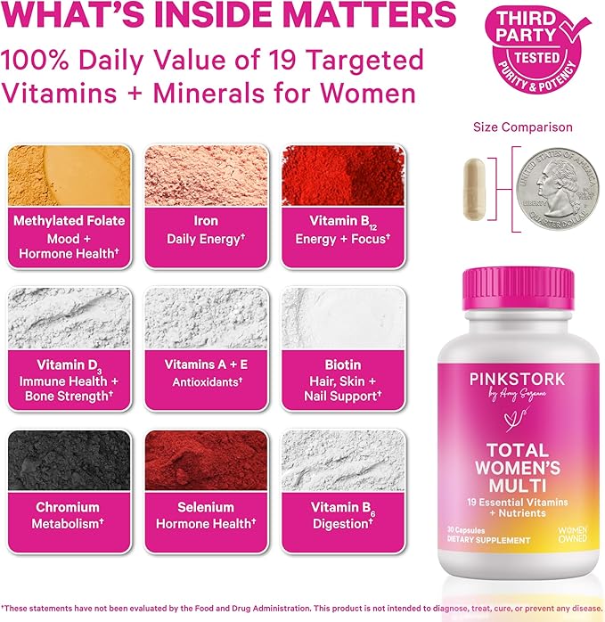 Pink Stork Total Women's Multivitamin - 19 Essential Vitamins for Women &amp Nutrients – Energy Metabolism Hormone Immune &amp Mood Support – B6 B12 Biotin Iron &amp Zinc – 30 Capsules