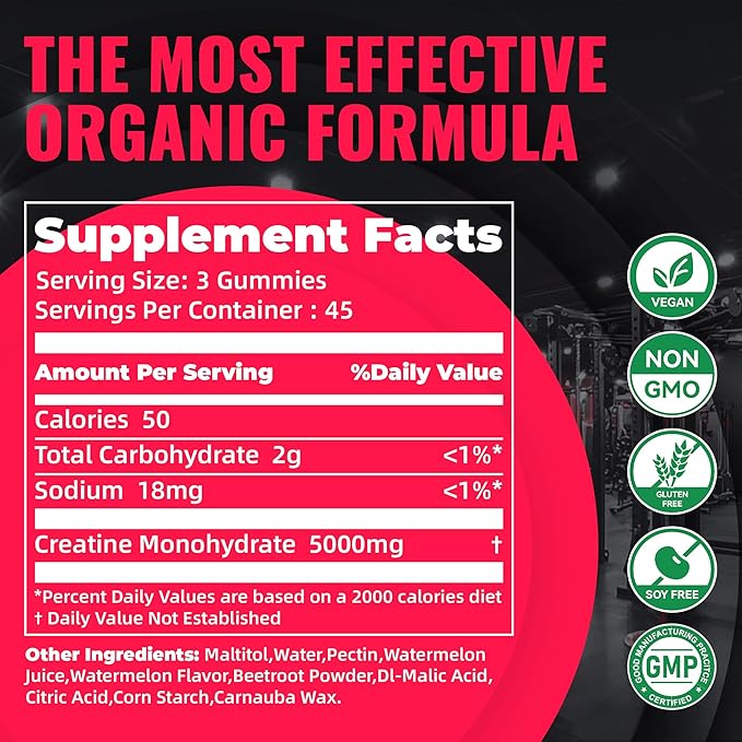 Natures Aid NSF Certified Creatine Gummy 5g - Creatine Monohydrate Gummies – Pre-Workout Energy &amp Muscle Growth Support for Men &amp Women | Watermelon Electrolyte Gummies (135 Count)