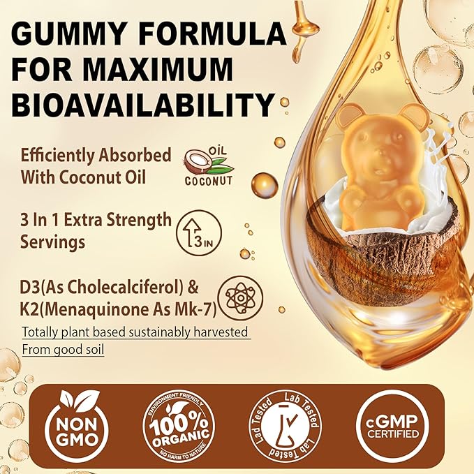 Vitamin D3 5000iu &amp K2( as MK7 ) 200mcg Gummies + 600mg Calcium with Coconut Oil for High Absorption Maximum Strength Vitamin D3 K2 Supplement - Support for Bones Muscle Teeth Immune Vegan 2Pac