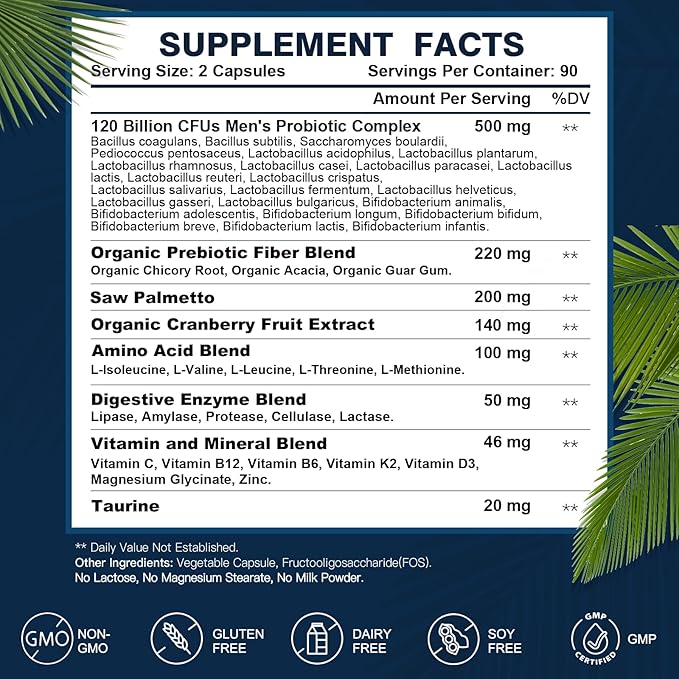 DRFOSTER Probiotics for Men Digestive Health 120 Billion CFUs Mens Probiotic with Enzymes &amp Prebiotics &amp Saw Palmetto &amp Cranberry for Gut Prostate &amp Urinary Tract Health Shelf Stabl