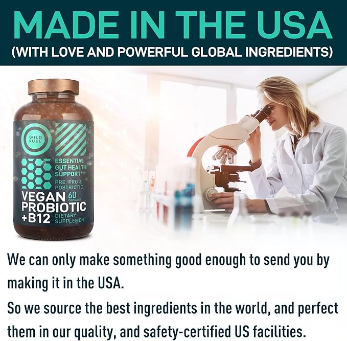 Vegan Probiotic Plus B12 &amp FOS - 22 Billion CFU Synbiotics Prebiotics and Probiotics for Digestive Health IBS Mood Support - B12 Pre Pro Post Biotics for Women &amp Men - 60 Gluten-Free Capsule