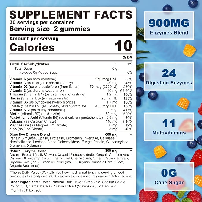 NEVISS Psyllium Husk Prebiotic Fiber Gummies - 7G Fiber with 2000mg Prebiotic Fiber Blend &amp Multivitamins - Inulin Fos Guar Gum &amp Multi Digestive Enzymes Vitamin Gummies Chewable