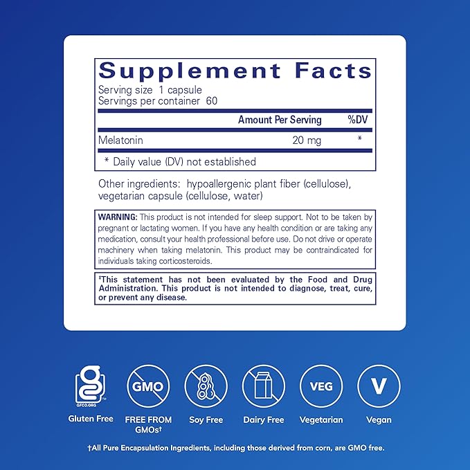 Pure Encapsulations Melatonin 20 mg - Not Intended for Sleep Support - for Immune System &amp Healthy Cells - 99.5% Purity Melatonin - Gluten Free &amp Non-GMO - 60 Capsules