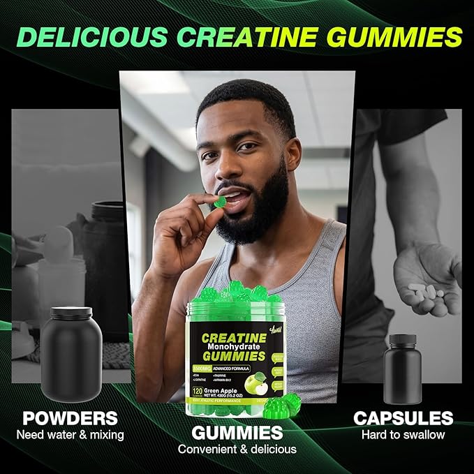 Creatine Monohydrate Gummies 8500MG for Men &amp Women - Creatine Gummies Sugar Free Pre Workout Promote Muscle Growth Boost Strength &amp Energy 120 Count Green Apple