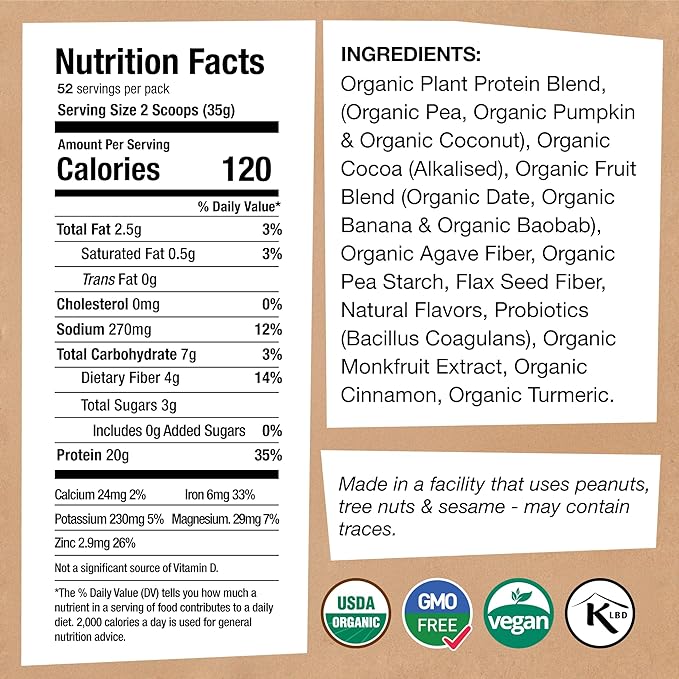 EarthChimp Organic Vegan Protein Powder - with Probiotics - Non GMO Dairy Free Non Whey Plant Based Protein Powder for Women and Men Gluten Free - 52 Servings 64 Oz (Chocolate) No Scoop