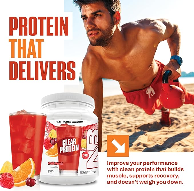 NutraBio Clear Protein Powder Fruit Punch - 20 Servings 20g Clear Whey Protein Isolate 0 Sugar 0g Lactose Refreshing Fruit Flavors GLP1 Support - Bone Health - Muscle Post Workout Recovery