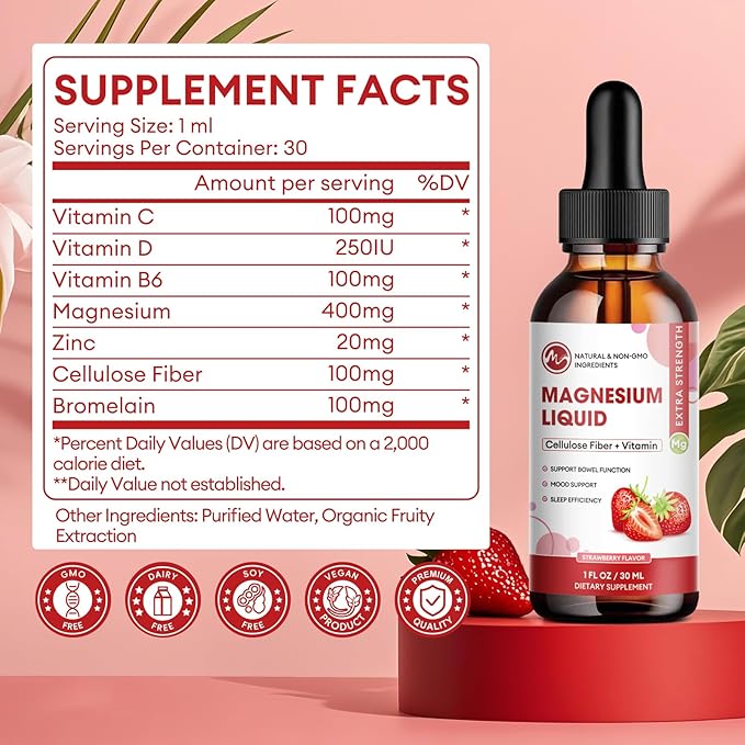 (3 Pack) Magnesium Glycinate Liquid Drops High Absorption Magnesium Liquid with Bromelain Vitamin B6 C D Magnesium Supplement for Kids and Adults Night &amp Muscle Support Strawberry Flavor