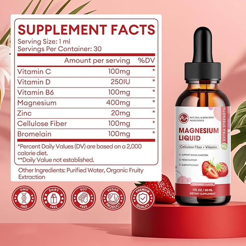 (3 Pack) Magnesium Glycinate Liquid Drops High Absorption Magnesium Liquid with Bromelain Vitamin B6 C D Magnesium Supplement for Kids and Adults Night &amp Muscle Support Strawberry Flavor