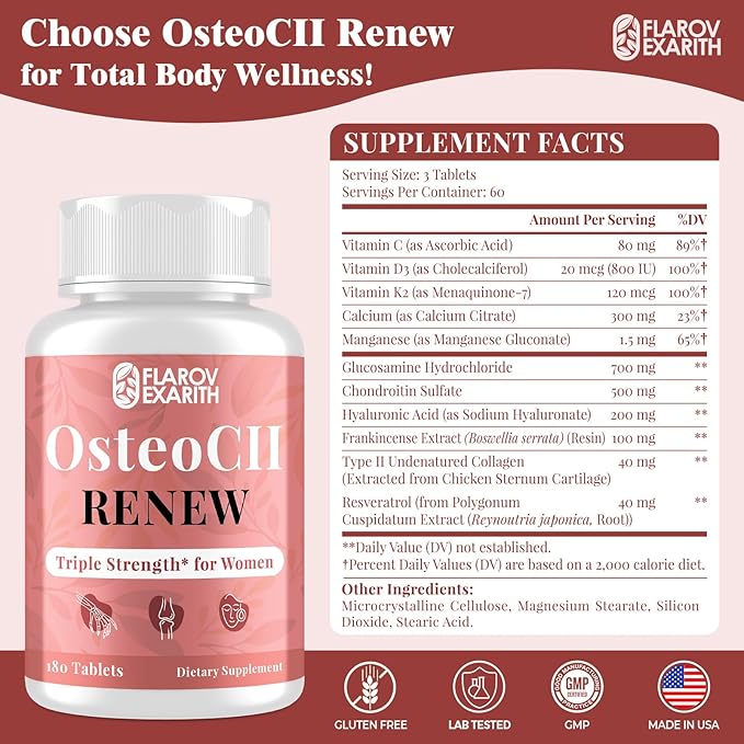 Joint Supplements for Women OsteoCII Renew Triple Strength – Advanced Joint Bone &amp Skin Formula – Collagen Glucosamine Chondroitin Calcium MK-7 Vitamin D3 Hyaluronic Acid 360 Tablets