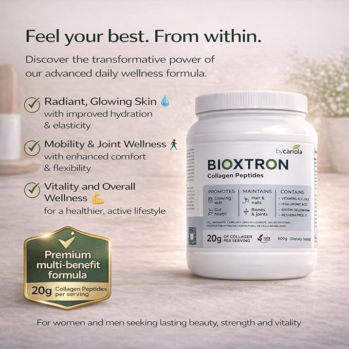 Bioxtron Collagen Peptides Powder - Unflavored Type I Bovine with Stem Cell Renewal for Hair Nail Skin Gut Bone &amp Joint Health Support - Hyaluronic Acid Protein Biotin - 600g (30 Servings)