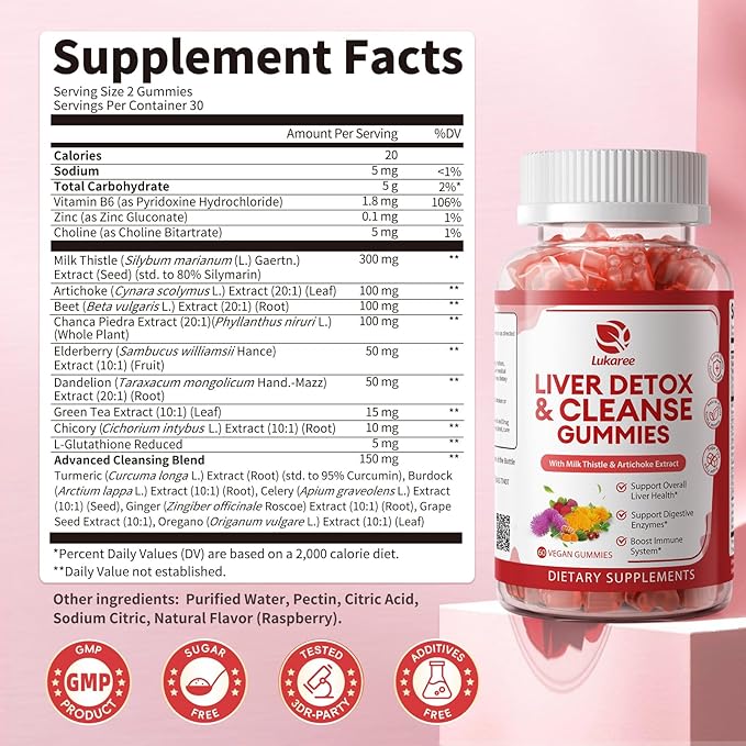 2 Pack Lukaree Liver Cleanse Detox &amp Repair Gummies | Sugar-Free Milk Thistle Supplement w/Artichok &amp L-Glutathione - Ultra-Concentrated Herbal Liver Support for Men &amp Women -Vegan60 Coun