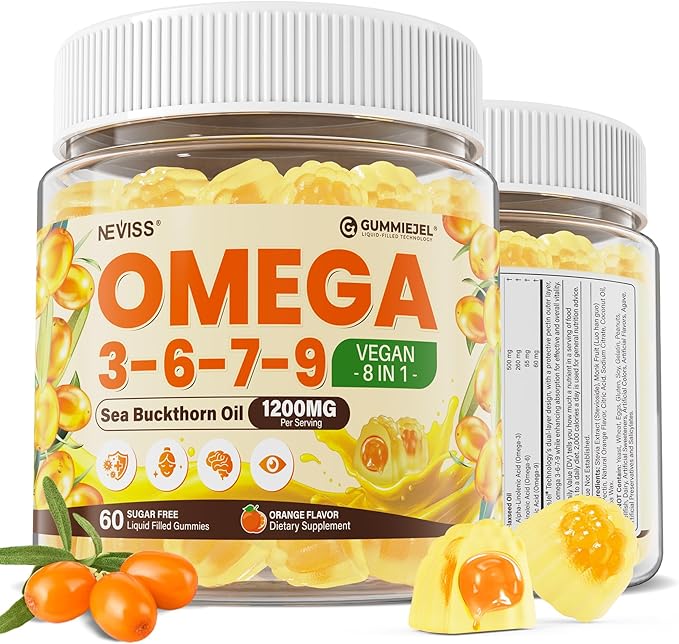 Omega 3-6-7-9 Gummies Organic Sea Buckthorn Oil 1200MG &amp Flaxseed Oil 500MG Vegan Omega 7 Supplement w/Vitamin A C E Fatty Acids No Fish Taste Supports Skin Eye Immune Brain Health 60 C