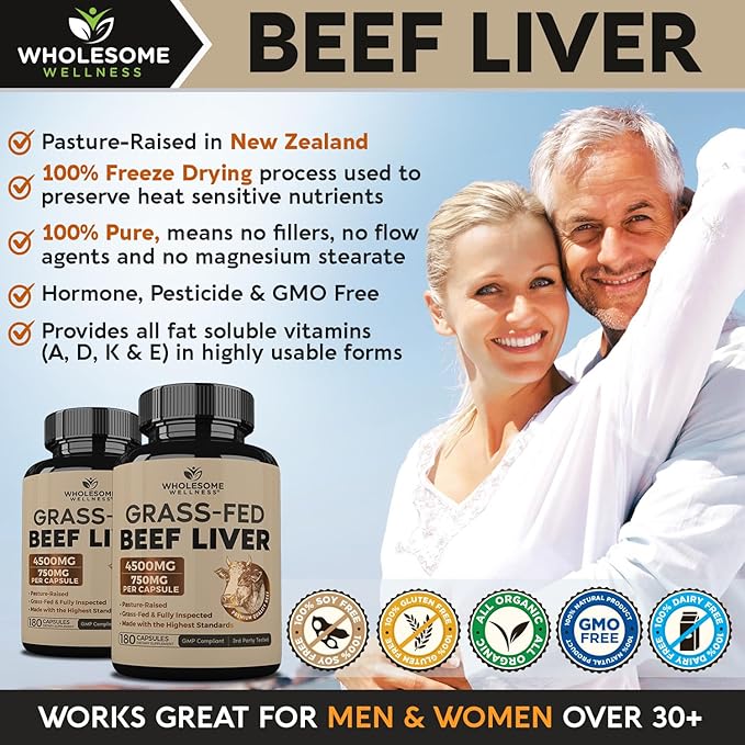 Wholesome Wellness Grass Fed Desiccated Beef Liver Capsules (180 Pills 750mg Each) - Natural Iron Vitamin A B12 for Energy - Raised Undefatted in New Zealand Without Hormones or Chemicals