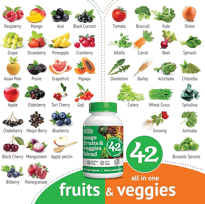Botanic Choice Since 1910 - Mega Fruits &amp Veggies Blend - 42 Fruits and Vegetables - 2 Caps Daily - 60 Count Supplement - 2 Pack