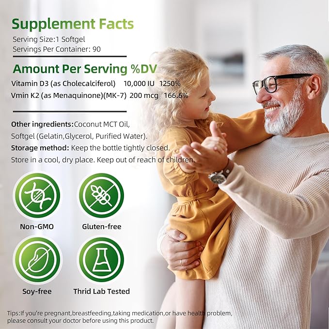 Vitamin D3 K2 Softgels Vitamin D3 10000 IU with K2 (MK-7) 200 mcg with Coconut Oil Softgels Supports Calcium Absorption Bone Immune and Heart Health - 90 Counts * 2 Packs
