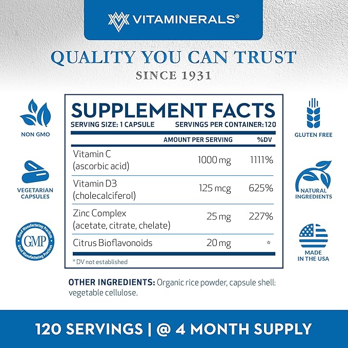 CDZ | Vitamin CDZ | Vitamin C 1000mg | Vitamin D3 125mcg | Zinc Complex 25mg Veggie Caps| 120 Servings