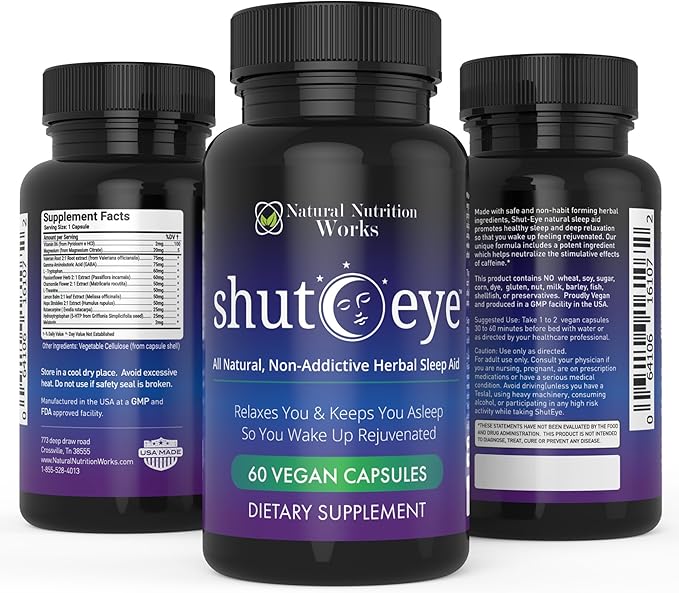 Shut-Eye- The Most Potent Natural Sleep Aid &amp Caffeine Neutralizer! All Natural Non-Addictive Herbal Complex w/Valerian Melatonin Rutaecarpine &amp 10 More