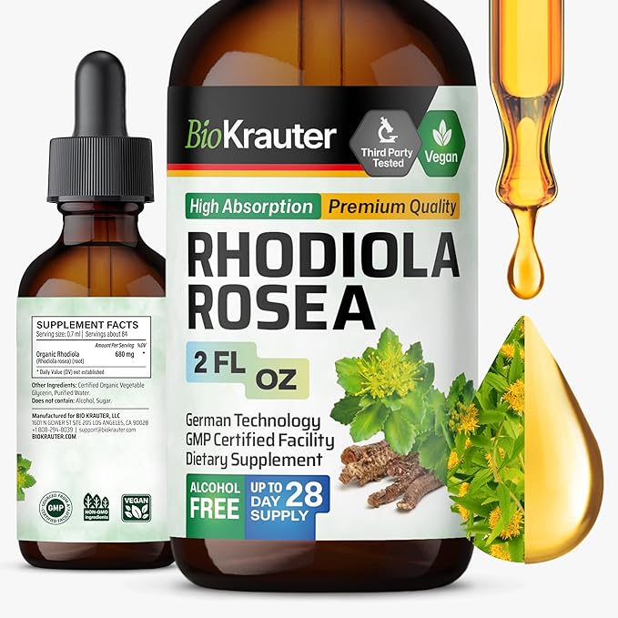 BIO KRAUTER® Rhodiola Rosea for Calm &amp Sleep Support - Vegan Rhodiola Rosea Supplement for Mood Support - Natural Calm Drops for Relaxation 2 Fl.Oz 28-Day Supply Alcohol &amp Sugar Free