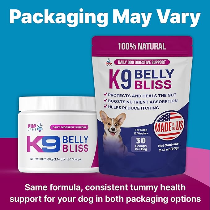 K9 Belly Bliss All-Natural Gut Health for Dogs Vet Approved Prebiotic for Dogs for Daily Digestive Support &amp Dog Constipation Relief Topper for Dry &amp Wet Food 3 Pack with 30 Scoops Each.
