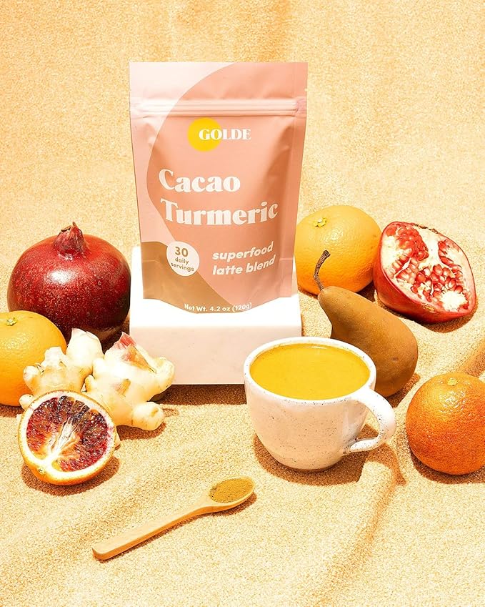 GOLDE - Superfood Latte Blend - Cacao Turmeric - Plant Based w/Turmeric Cacao &amp Coconut Milk Powder - Healthy Hot Cocoa - Coffee Replacement - Vegan Keto &amp Sugar-Free - 30 Servings