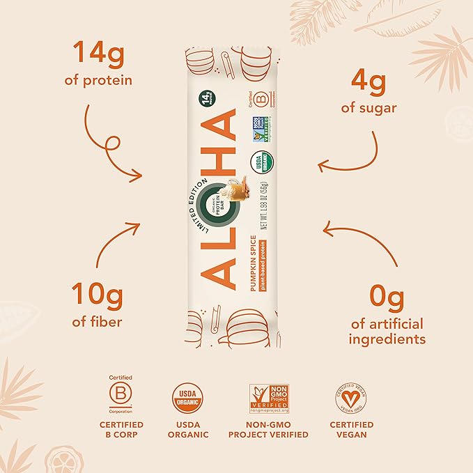 ALOHA Organic Plant Based Protein Bars - Pumpkin Spice Vegan Low Sugar Gluten-Free Low Carb Non-GMO No Stevia No Erythritol - LIMITED EDITION 12 Count (Pack of 1)
