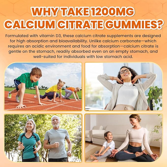 Calcium Citrate Gummies - 1200mg Calcium Gummies Supplements for Women &amp Men with Vitamin D3 K2 Magnesium Zinc High Absorption for Bone Muscle &amp Immune Support Orange Flavor 120 Count