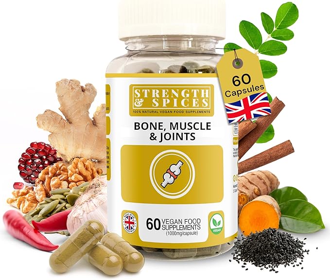 Strength &amp Spices Bone Muscle &amp Joints 100% Natural Supplement – 28 Ingredients w Turmeric - 60 Vegan UK Made 1000mg Capsules – Mobility and Flexibility Support