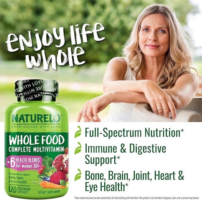NATURELO Whole Food Multivitamin for Women 50+ (Iron Free) with Vitamins Minerals &amp Organic Extracts - Supplement for Post Menopausal Women Over 50 - No GMO - 120 Vegan Capsules