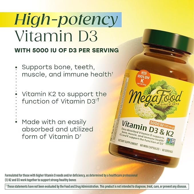 MegaFood Vitamin D3 5000 IU (125 mcg) - Vegetarian Supplements with Vitamin D3 K2 - Supports Bones Teeth Muscles &amp Immune Health - Certified Non-GMO - 60 Mini Capsules 60 Servings