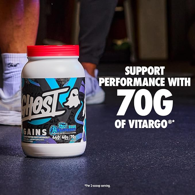 GHOST Clear Gains Mass Gainer Protein Powder - Post-Workout Weight Gainer Mix - 40g of Whey Protein Isolate 440 Calories &amp 70g Vitargo Carbs - Lean Muscle Building &amp Recovery - Blue Raspberry