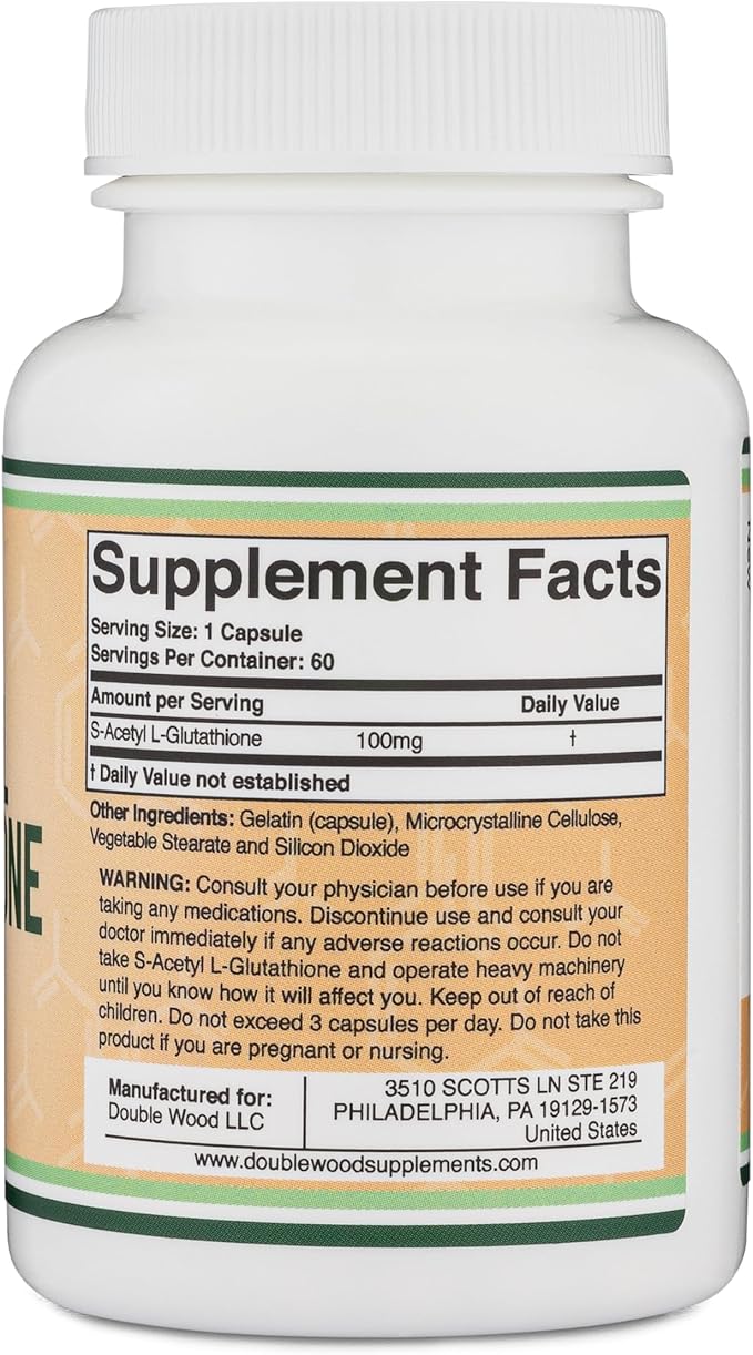 S-Acetyl L-Glutathione Capsules - 100mg 60 Count (Acetylated Glutathione Antioxidant - More Absorbable Than Glutathione and Liposomal Glutathione Non-GMO and Gluten Free) by Double Wood (Pack of 2)
