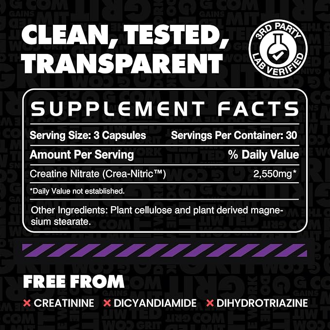 Gains in Bulk Crea-Nitric Creatine Nitrate Pre Workout Supplement Nitric Oxide Support Gluten Free Promotes Muscle Strength Pump and Non-Stim Energy Supplements for Men and Women 90 Capsules